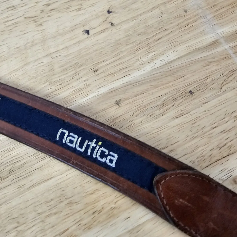 Nautica Belt Mens 40 Nautical Code Flags Embroidered Navy‎ Blue Brown Leather